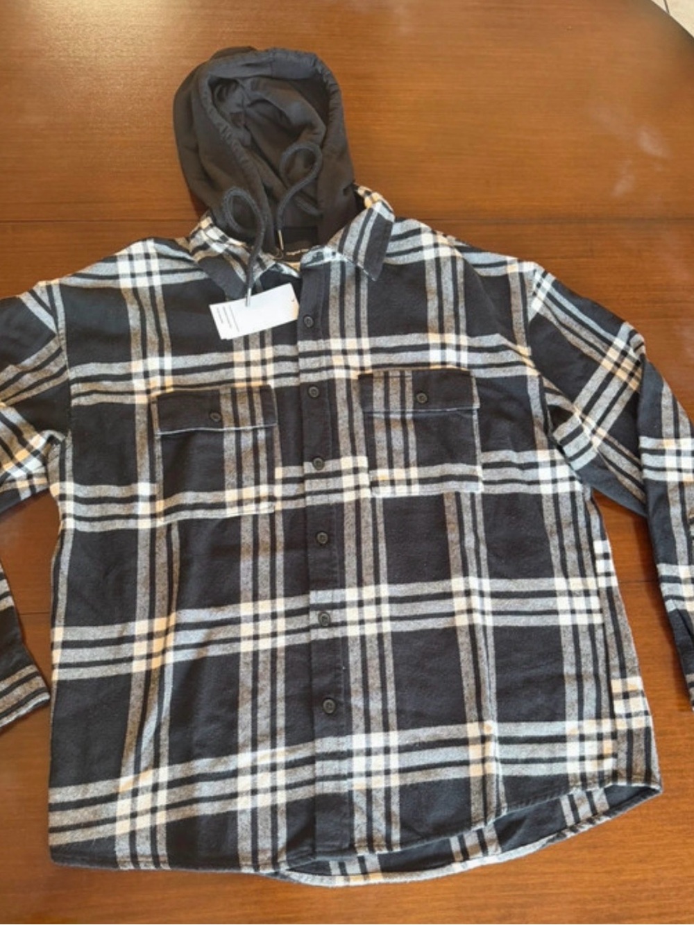 Original Use Black & White Plaid Hooded Snap-Front Shirt